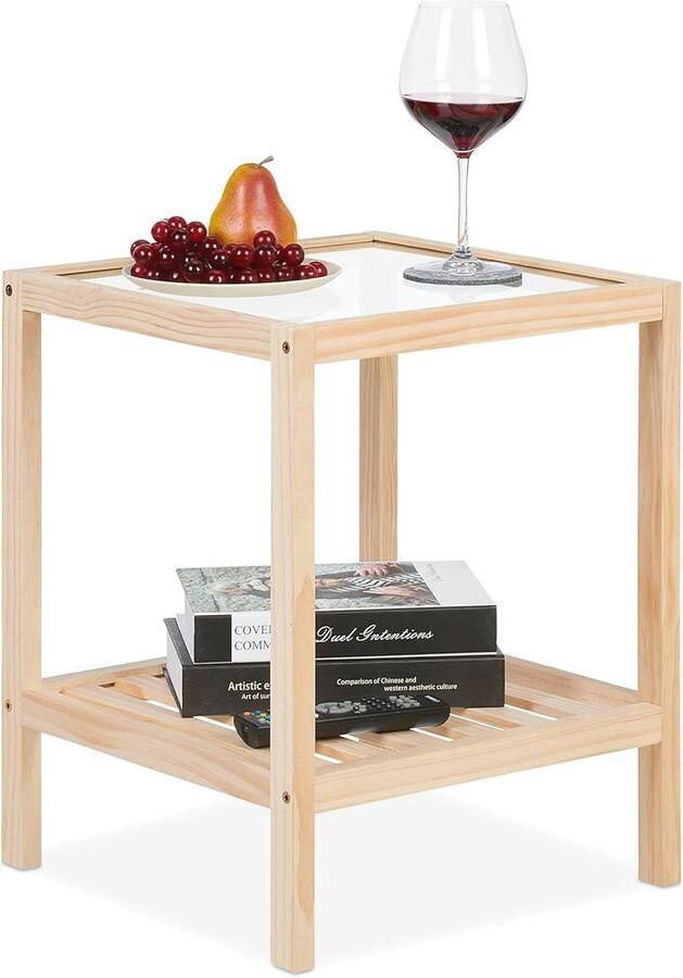 Moderne vierkante bijzettafel met glas en hout 50x40 cm