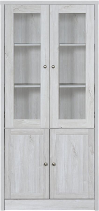 GOTAGEE Moderne Vitrinekast hoge kast 80x34x171 cm – houtlook met glazen deuren 2 houten deuren en koperen handgrepen – opbergruimte voor de woonkamer kantoor en hal