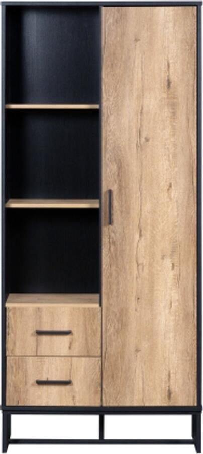 GOTAGEE Moderne Vitrinekast hoge kast 80x40x180 cm – houtlook met zwarte lijst met deur 2 lades en 3 open vakken – veelzijdige opbergruimte voor woonkamer kantoor en hal