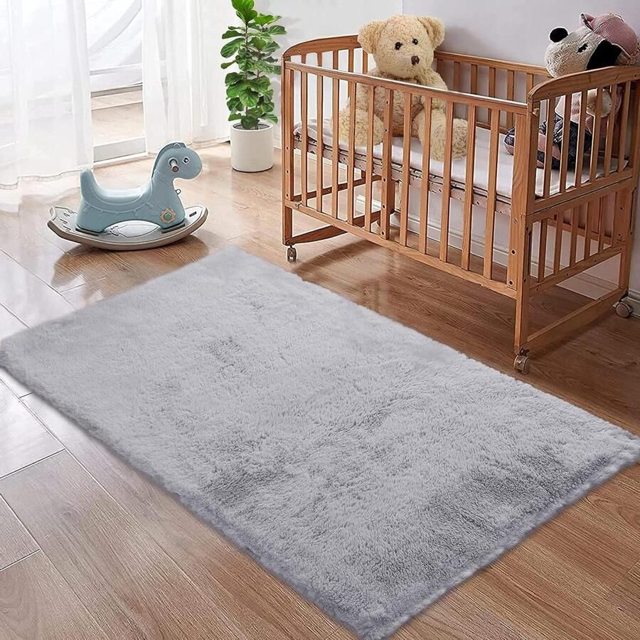 Moderne Vloerkleed Kunstkonijnenvacht Antislip Grijze Poolhoogte Mat 80 x 150 cm