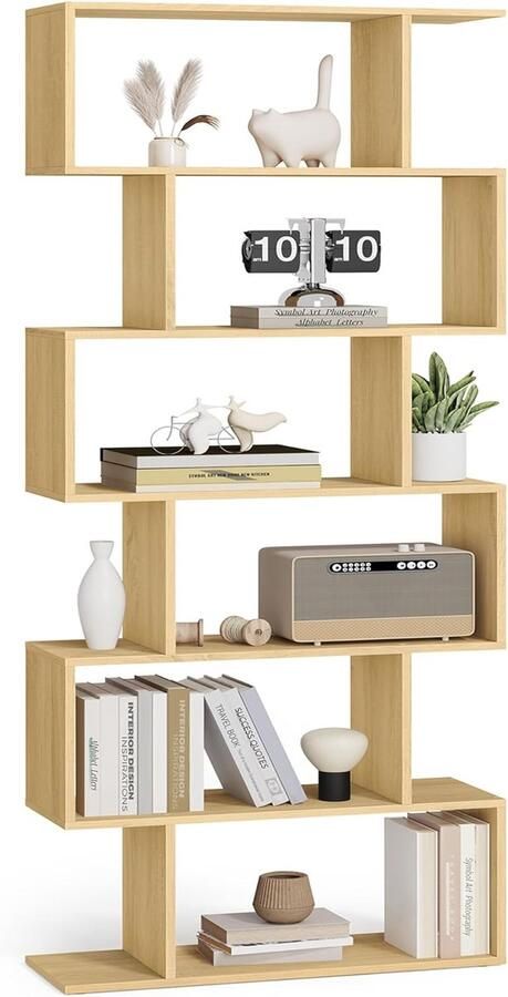 Vasagle Boekenplanken boekenkast met 6 niveaus ruimteverdeler kubus-displayplank vrijstaande opbergplank moderne stijl voor woonkamer slaapkamer kantoor natuurlijk eiken