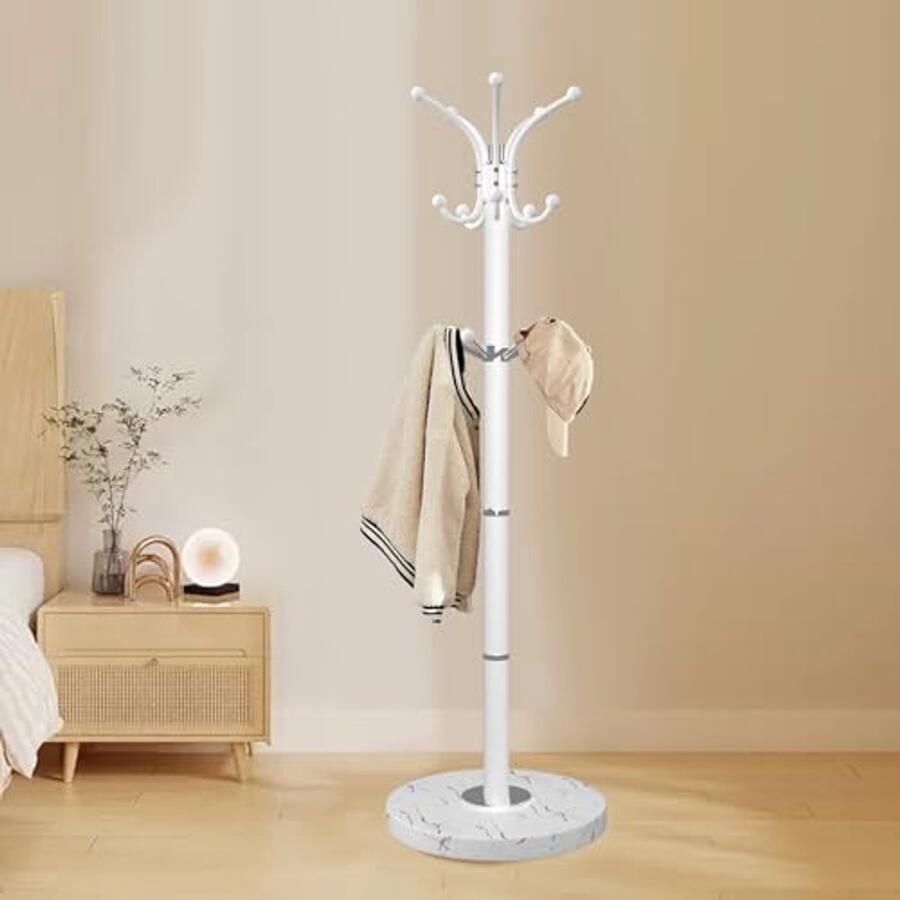 Moderne Vrijstaande Kapstok met Natuurlijke Marmeren Basis en 14 Haken 360° Draaibaar Voor Entree en Kantoor