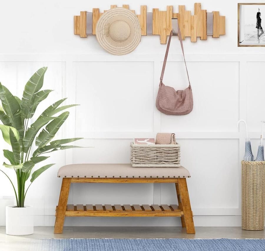 Moderne Wandgarderobe Houten Hakenlijst Geschikt voor Gangen en Slaapkamers 5 Haken Bamboe en Hout 40 x 11 x 2 cm