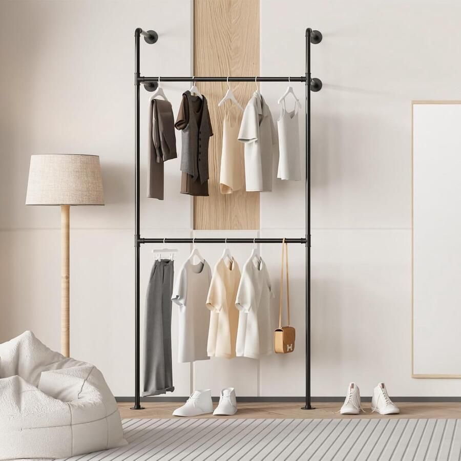 Moderne wandgarderobe kledingrek Inloopkast met 2 lagen 105 x 220 cm Zwart