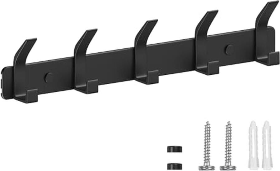 Moderne wandgarderobe met 5 haken voor kleding en accessoires Carbonzwart