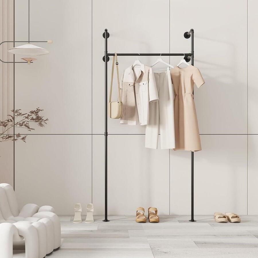 Moderne Wandgarderobe Kledingrek Zwart Ruimtebesparend Stevige Kledinghanger met Industrieel Ontwerp 105 x 220 cm