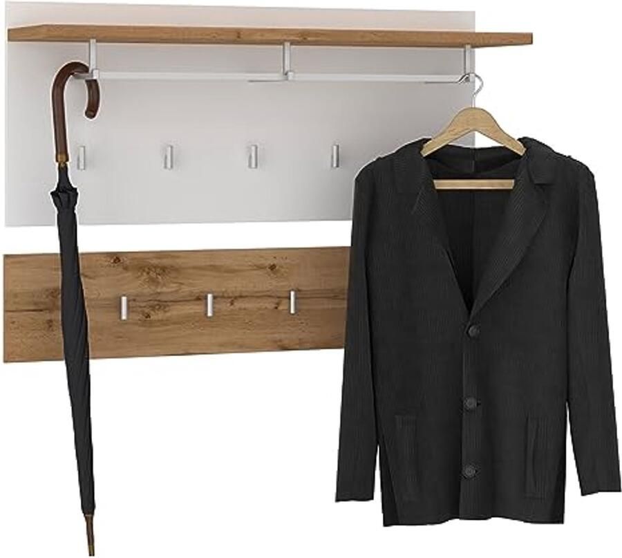 Moderne Wandgarderobe Set met 9 Kledinghaken en Hoedenplank Wotan Eiken Wit