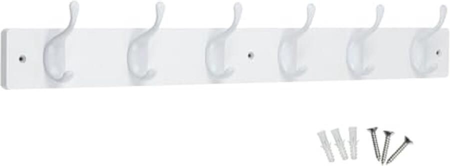 Moderne wandgemonteerde kapstok met matzwarte haken op houten basis 6 haken