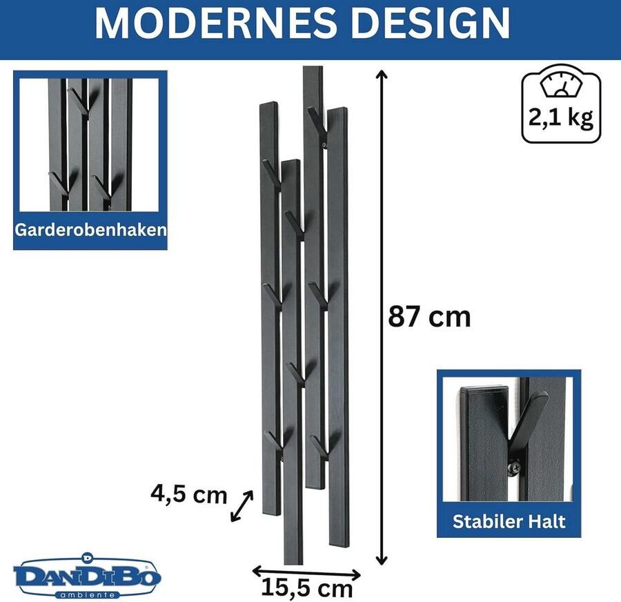 Moderne Wandkapstok met 8 Haken Ruimtebesparend en Duurzaam Zwart Metaal