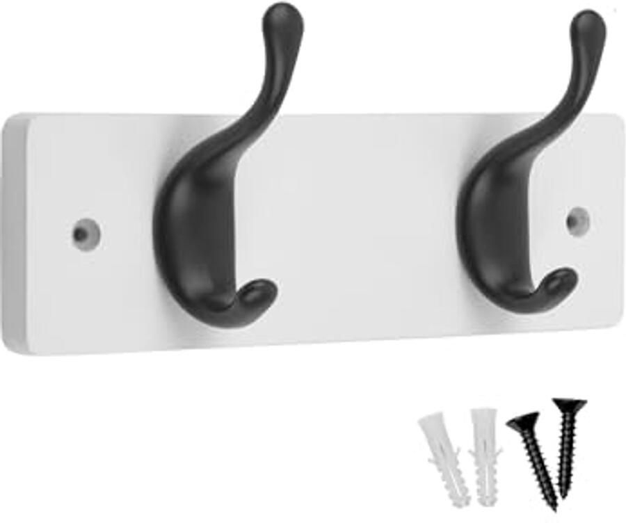 Moderne wandkapstok met haken op houten basis Matzwart en wit