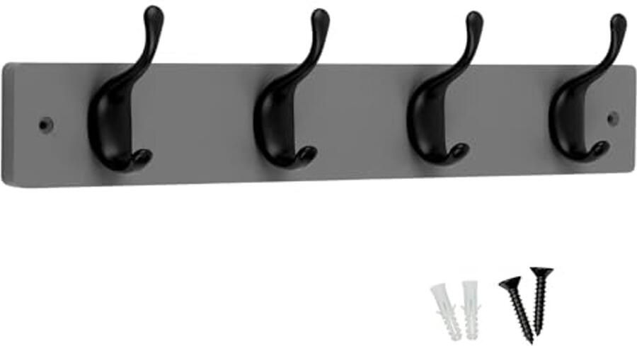 Moderne wandkapstok met haken op houten voet in mat zwart en grijs