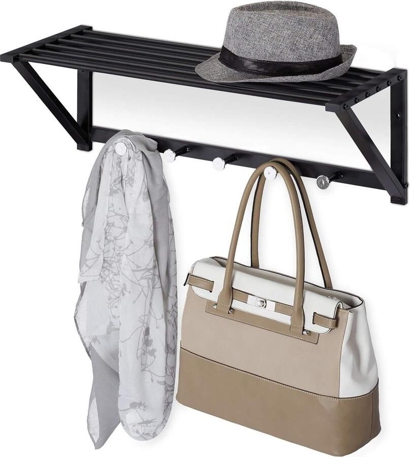 Wandkapstok met plank en 5 haken modern metaal hal & badkamer HBD 23 x 65 x 25 cm zwart