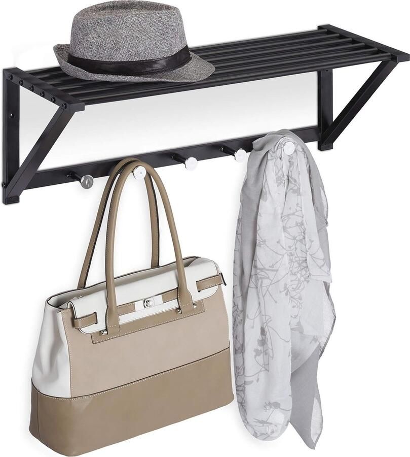 Moderne wandkapstok met plank en 5 haken voor hal en badkamer Zwart metaal