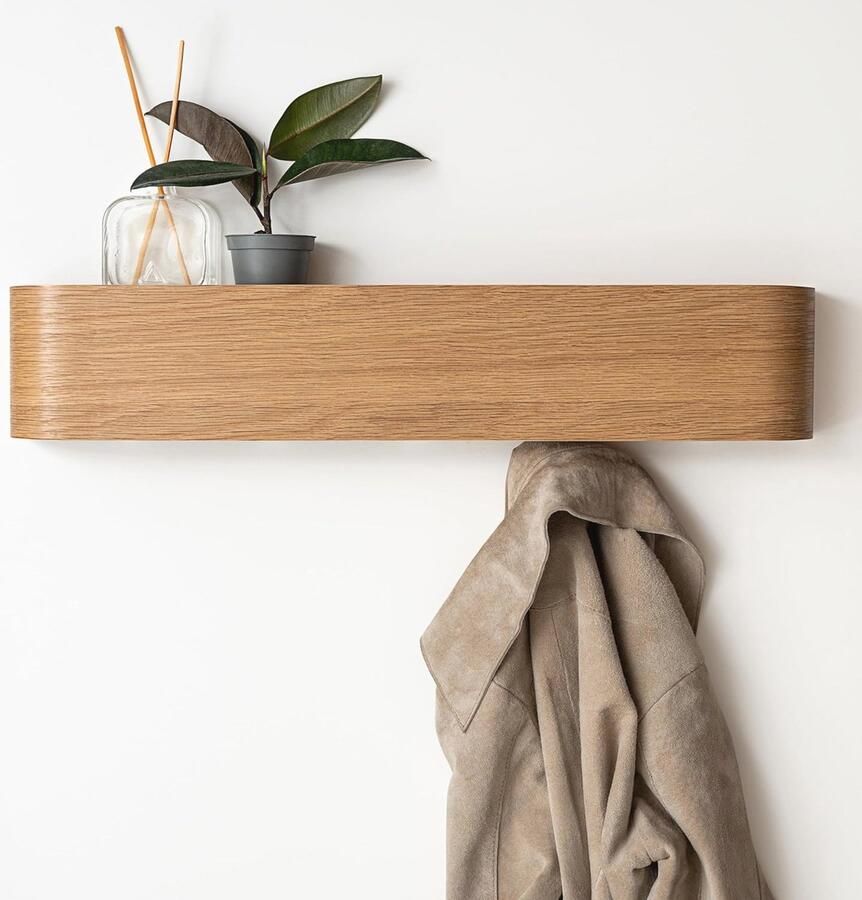 Moderne Wandkapstok met Plank en Verborgen Haken Eiken Houten Duurzaam Ontwerp