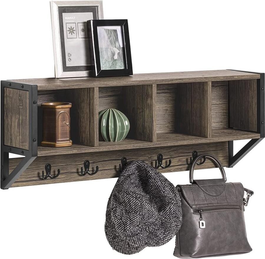 Moderne Wandkapstok met Wandplank en 5 Haken Muurmeubel voor Entree Badkamer of Keuken 73x16x28 cm