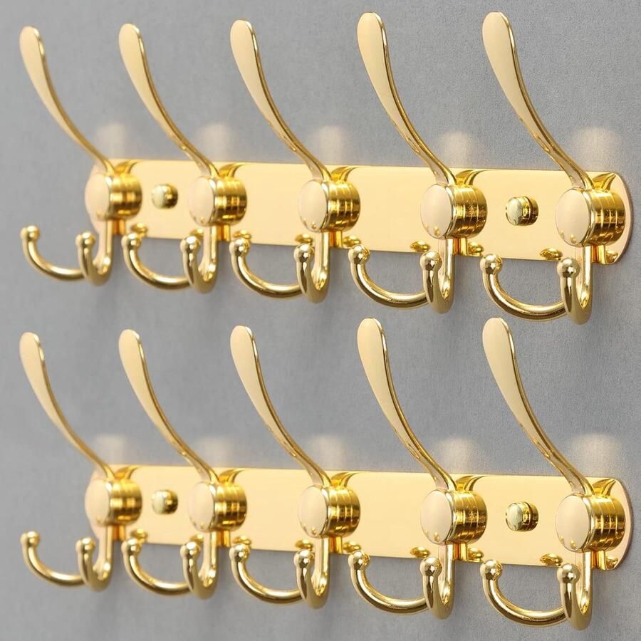 Goodivery Moderne Wandkapstok van Roestvrij Staal met 5 Haken – Set van 2 Goudkleurig