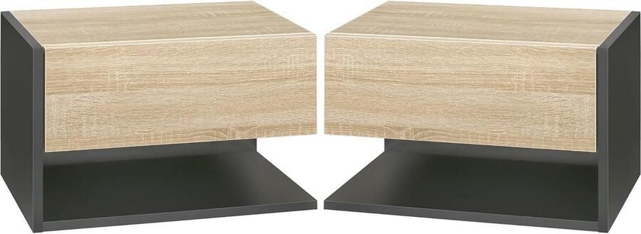 Moderne wandmontage nachtkastjes set van 2 met uitschuifbare lade en plank Tweekleurige eikenlook en zwart