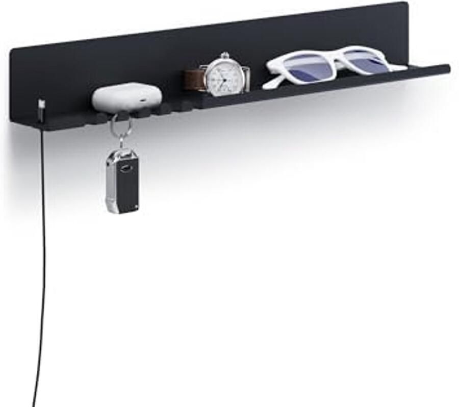Moderne Wandplank 44 x 6 x 6 cm Organiser voor Sleutels Brieven en Kleine Voorwerpen Inclusief 5 Sleutelhaken en Kabelhouder Zwart