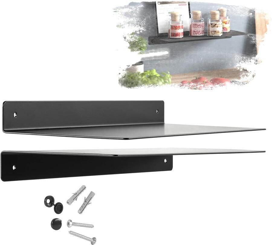 Moderne wandplank HOVER-III zwevende plank 1 stuk zwart staal 350x130x30 mm