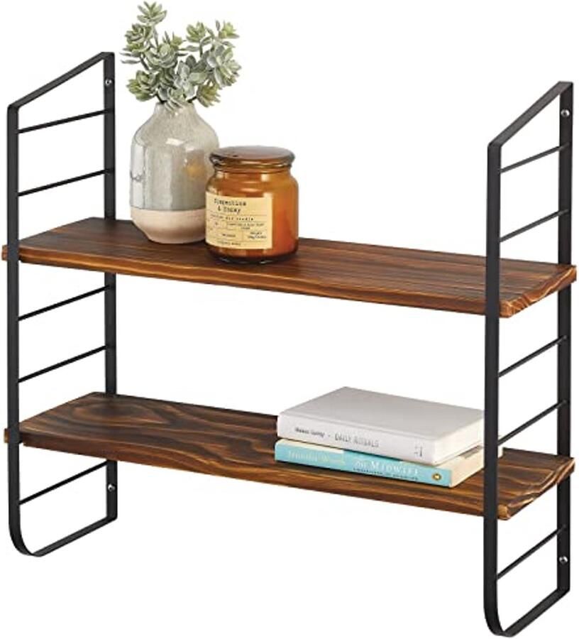 Moderne Wandplank met 2 Planken Houten Plank met Roestvrijstalen Beugels Hangplank voor Badkamer Keuken Kantoor Slaapkamer en Meer Zwart Houten Kleur