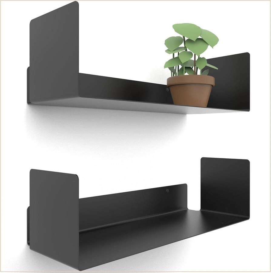 Moderne wandplank zwart (2x 42cm) Eenvoudig te monteren hoogglans wandplank voor kantoor en woonkamer