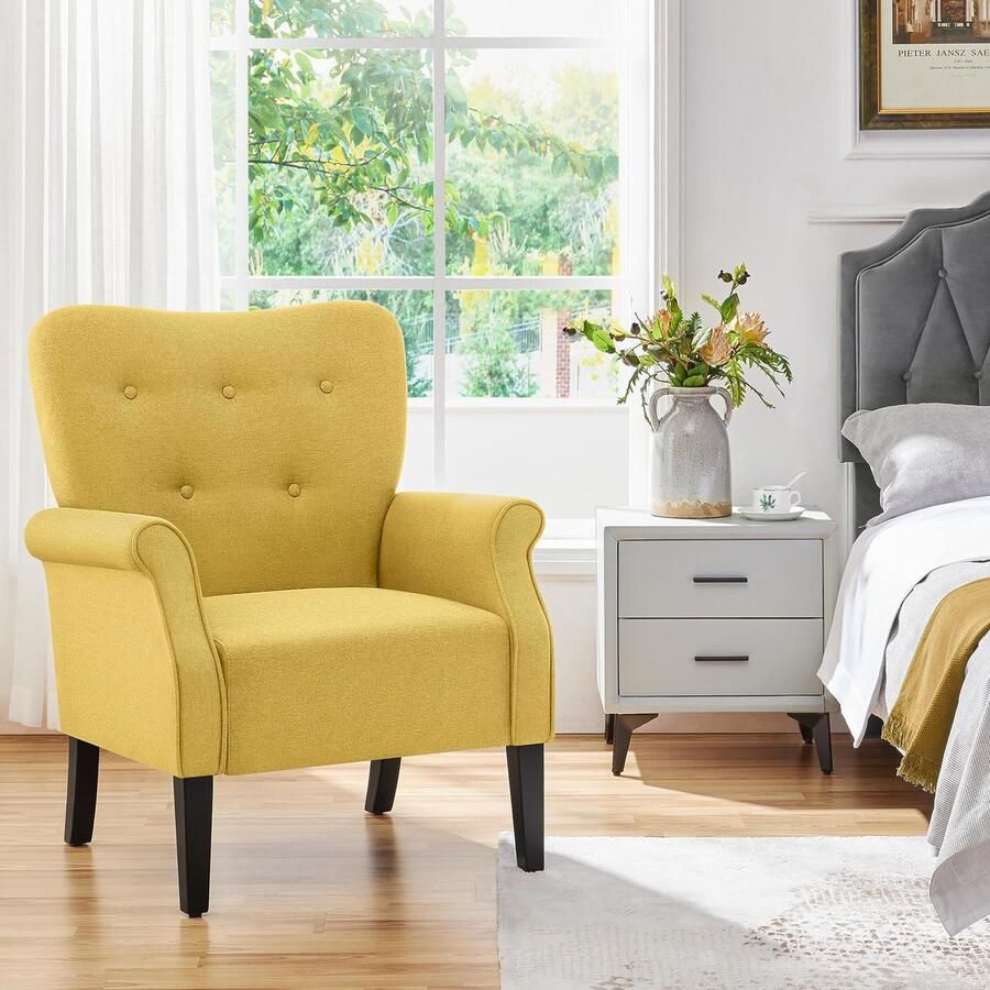 Moderne Wingstoel Houten poten Fauteuil Gestoffeerde stoel Televisiestoel met armleuningen Enkele sofa Zitcomfort