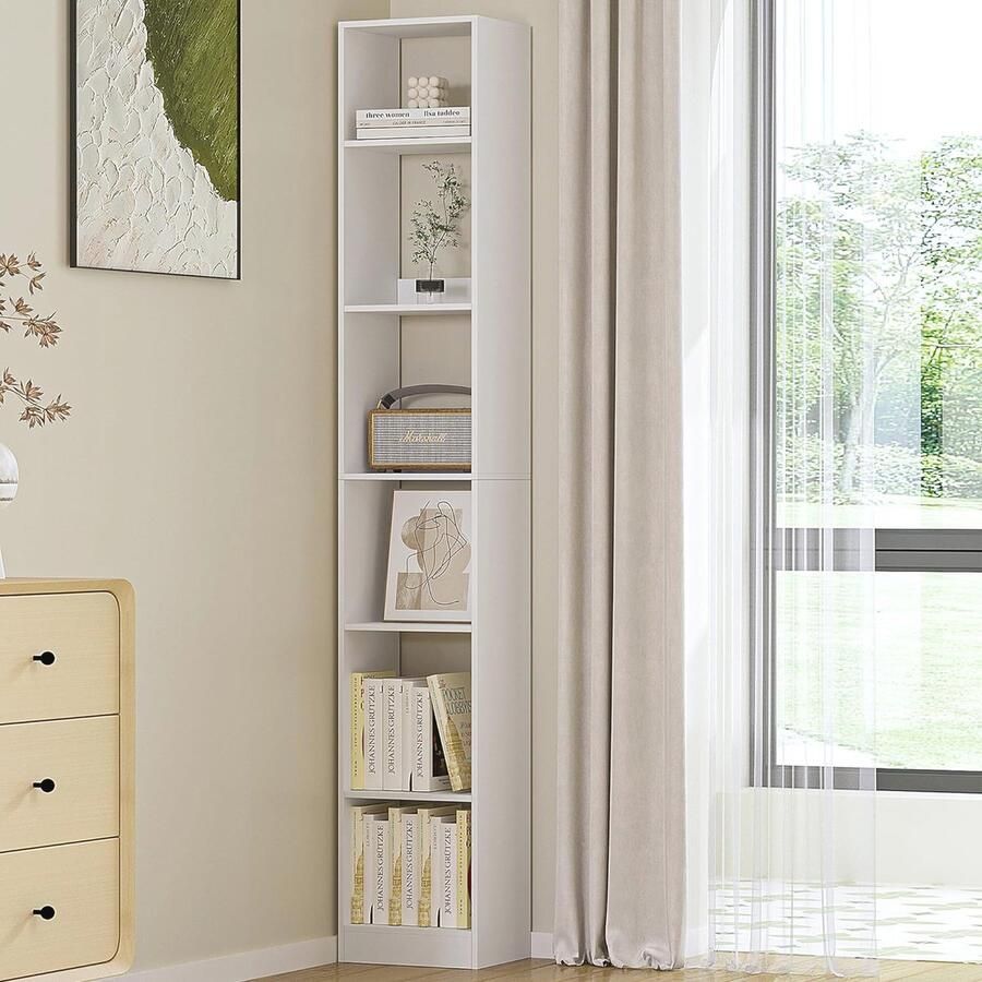 Moderne Witte Boekenkast met 6 Niveaus en Verstelbare Planken voor Woonkamer en Thuiswerkplek