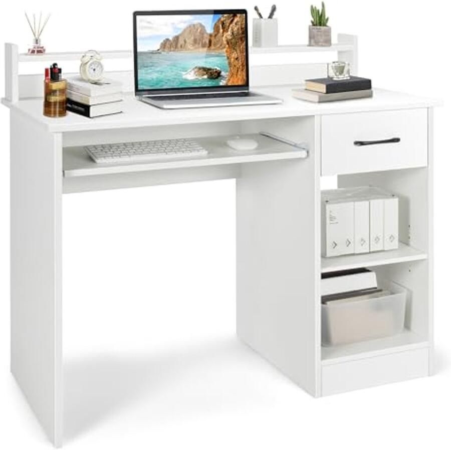 Moderne witte computerbureau met lade en toetsenbordlade voor thuiskantoor en studie