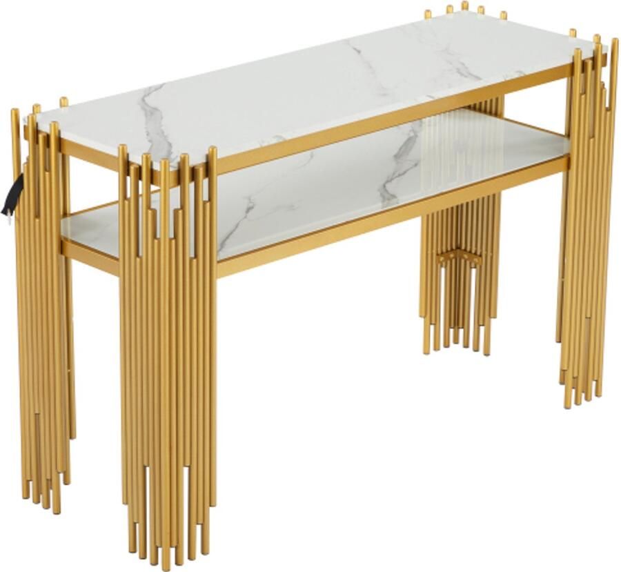 Moderne witte consoletafel – 124 × 44 × 80 cm – Mid-Century stijl – MDF hoogglans – gouden poten – dubbele opberglaag