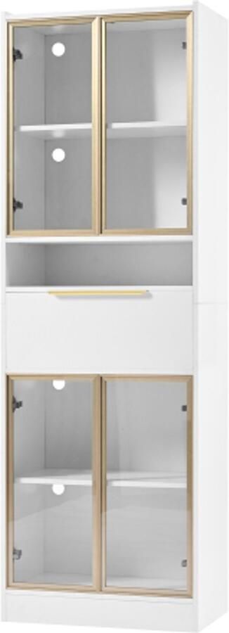 Moderne witte hoge kast met 16-kleurige LED en Bluetooth – 60×35×180cm – Vitrinekast met glazen front en lade – voor woonkamer kantoor of slaapkamer