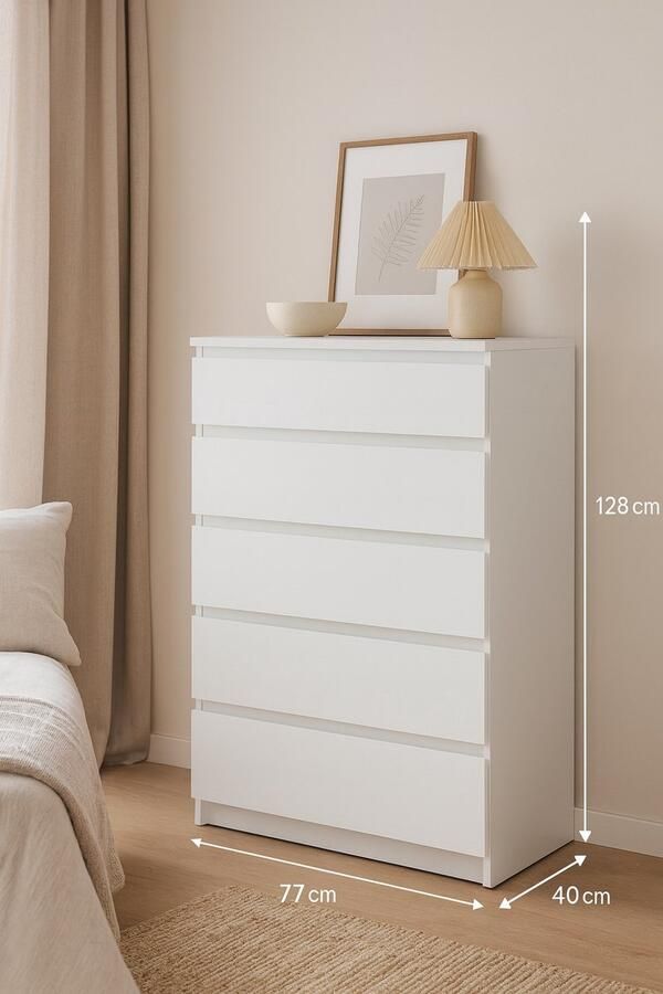 Moderne Witte Ladekast – 6 Lades – 77x40x128 cm – Hoge Opbergkast – Strakke Dressoir Kast – Doe-het-zelf Montage