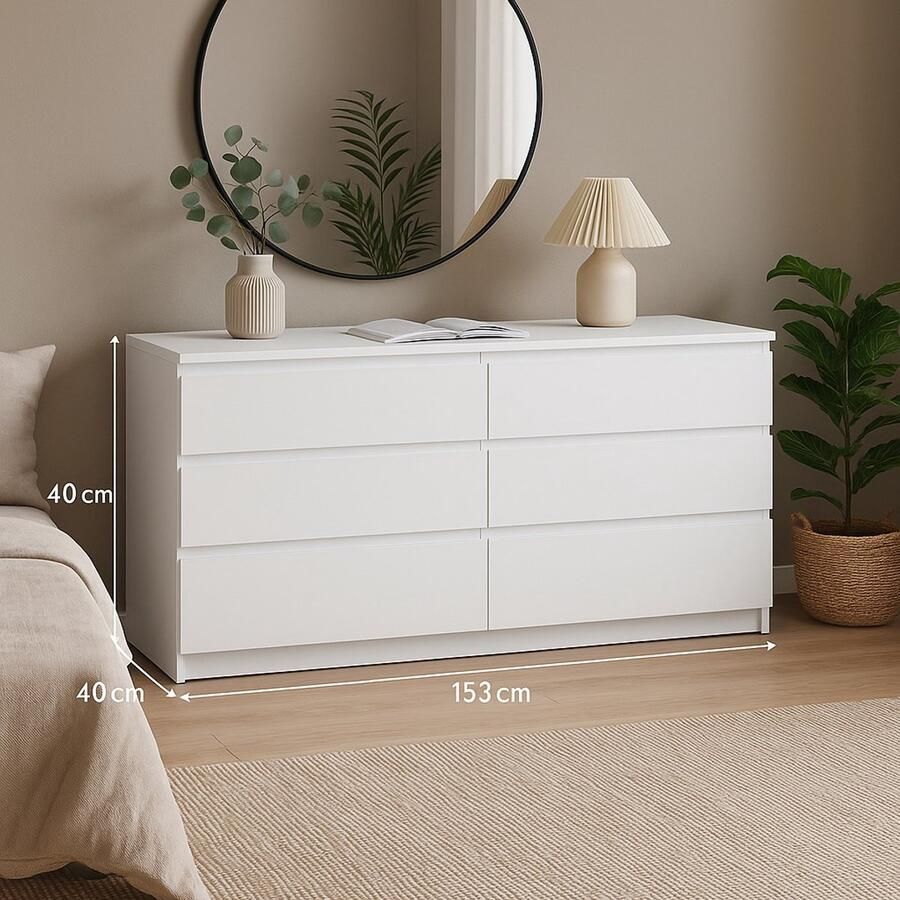 Moderne Witte Ladekast – 6 ruime lades – 153x40x72 cm – Strakke Dressoir Kast – Doe-het-zelf montage