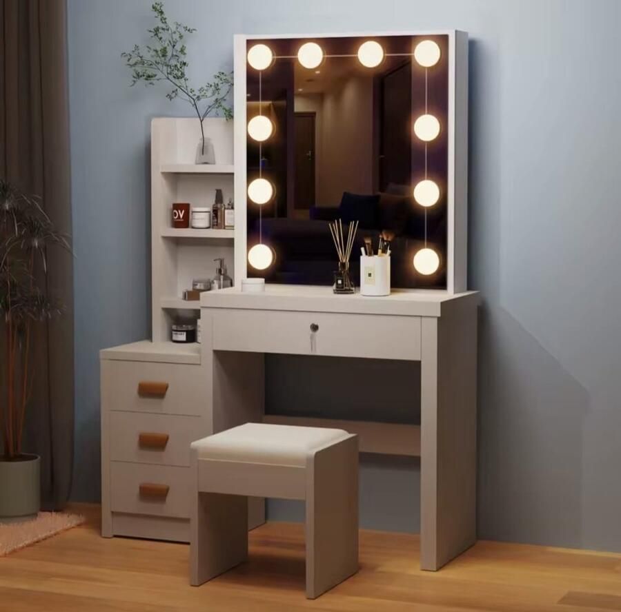 Moderne Witte Make-up tafel Instelbare LED Verlichting Kaptafel met Spiegel 4 Laden Met Kruk Aanpasbare Planken Stijlvolle Opslag voor Make-up