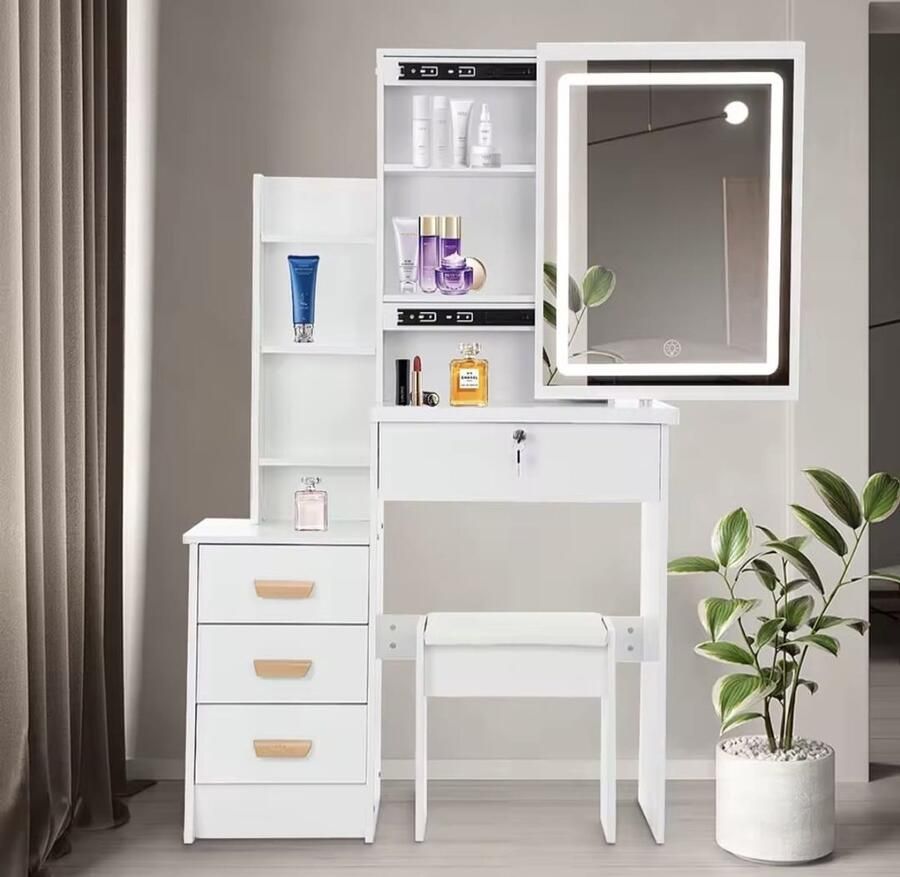 Moderne Witte Make-up tafel met Instelbare LED Verlichting Kaptafel met Spiegel 4 Laden Met Slot en Aanpasbare Planken Stijlvolle Opslag voor Make-up