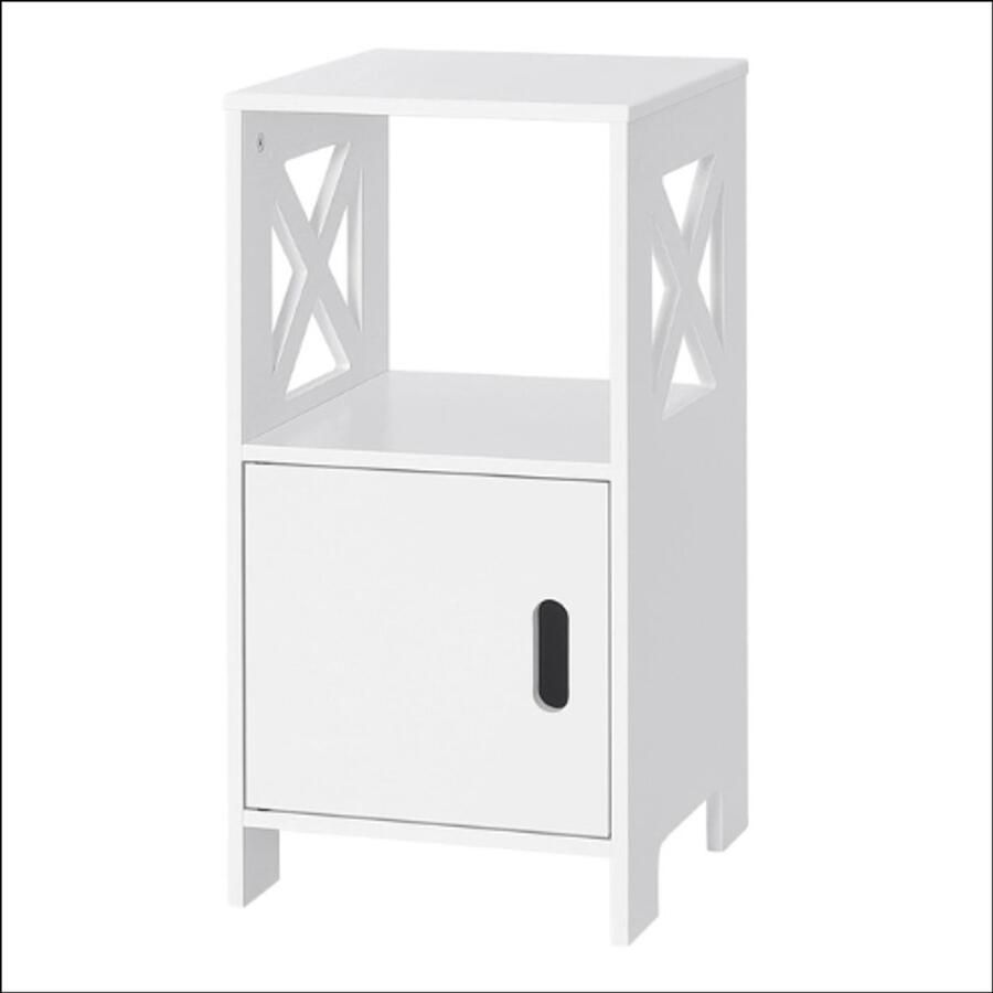 Moderne Witte Nachtkast – Smalle Bedtafel met Deurtje en Open Vakken – Minimalistisch Nachtkastje – MDF Hout – Compact & Stijlvol – 30x30x60 cm – Ruimtebesparend – Praktisch voor Slaapkamer of Woonruimte