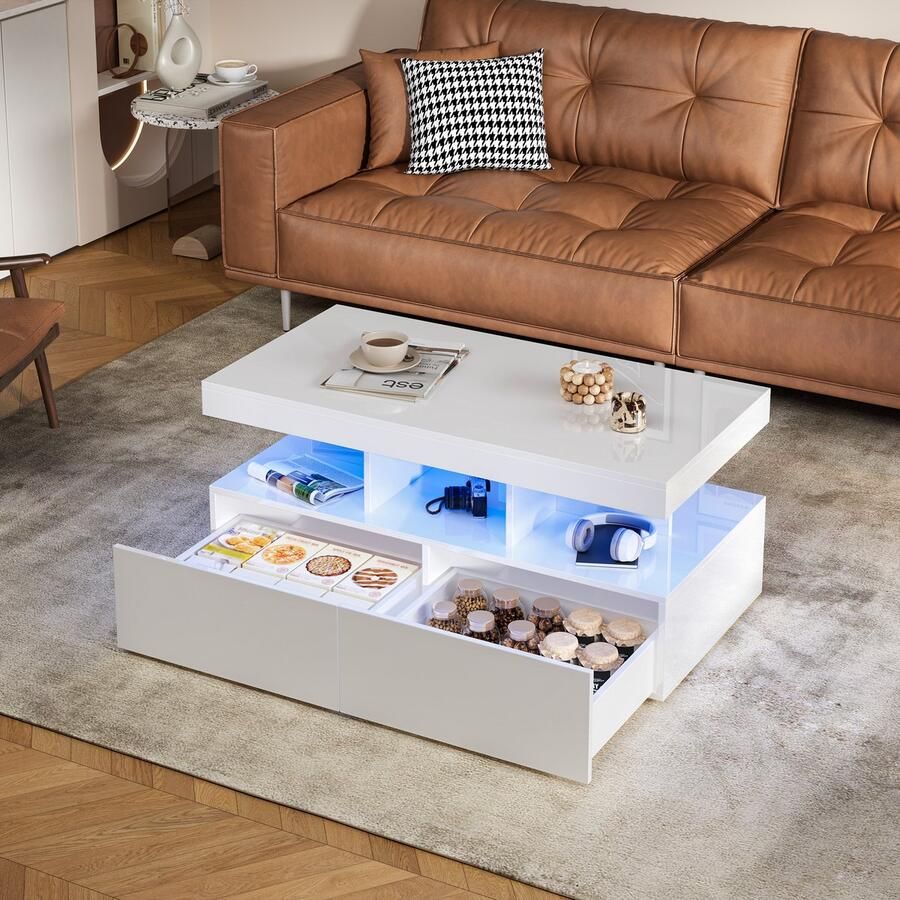 Moderne Witte Salontafel 2 Lade – LED Verlichting – Hoogglans Afwerking