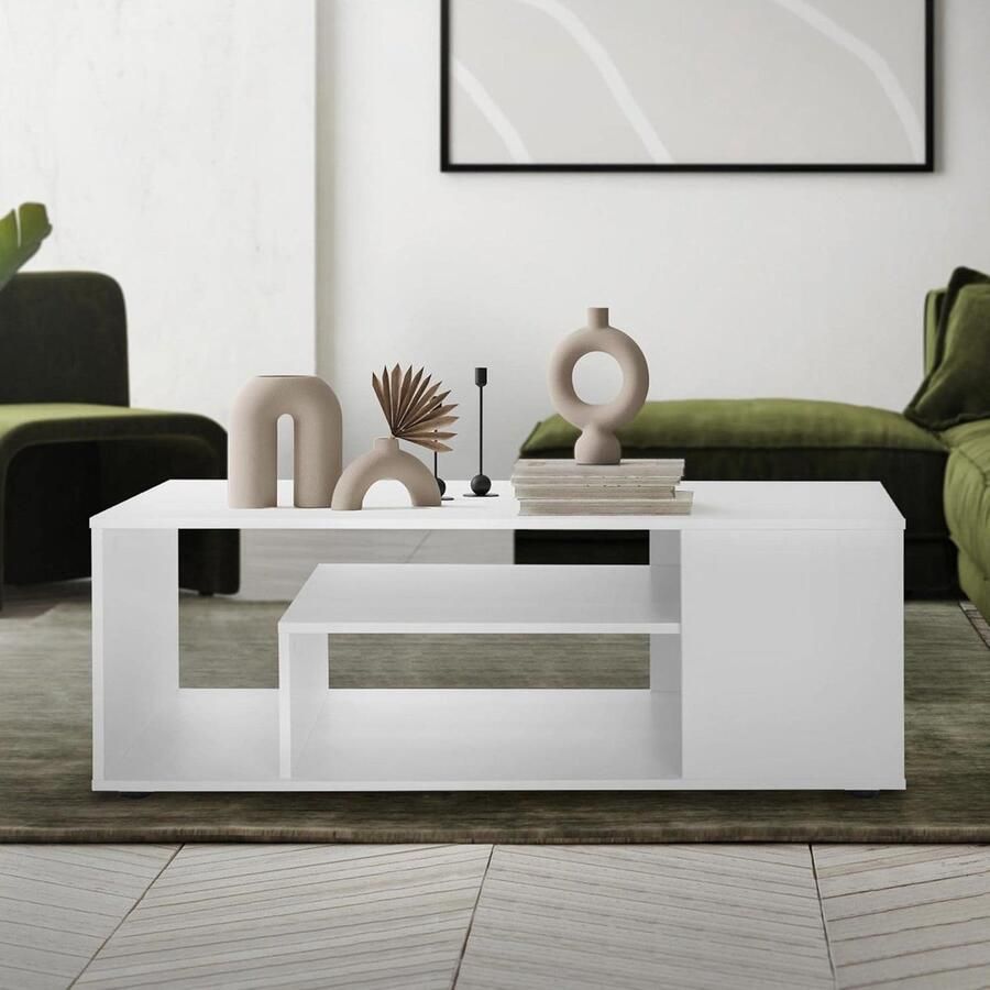 Moderne Witte Salontafel met 4 Planken en Opbergruimte 110 x 50 x 41 cm