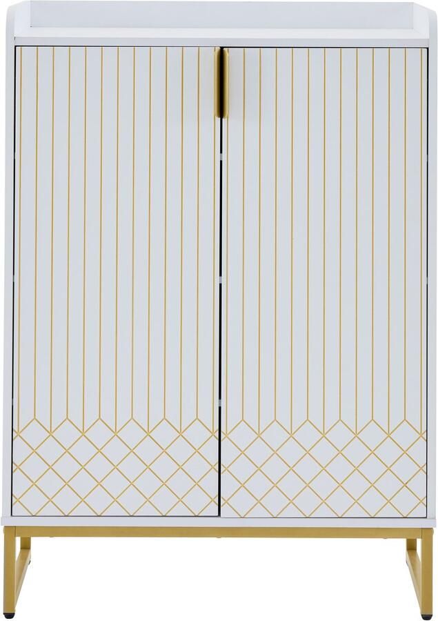 Moderne witte schoenenkast met gouden metalen poten opbergkast met goudkleurige deuren 75×37×105 cm