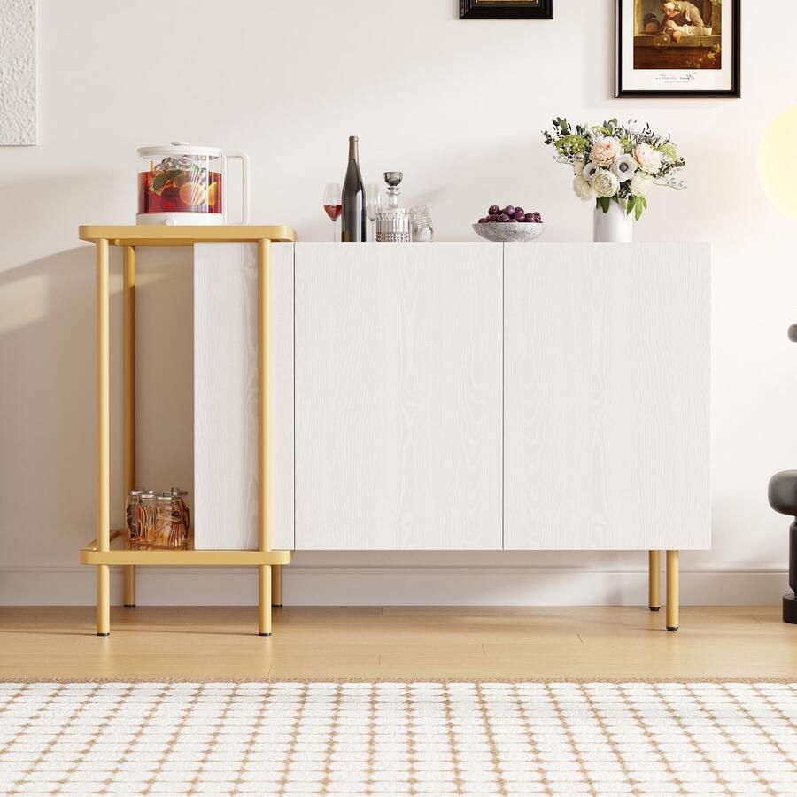 Moderne witte sideboard-kast met 2 deuren en 2 open vakken salontafel van metaal glas 120×40×77 5 cm