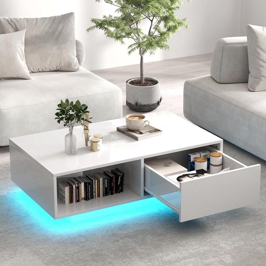 Moderne Woonkamertafel met LED Verlichting en Opbergruimte Rechthoekige Salontafel 95 x 55 x 31 cm