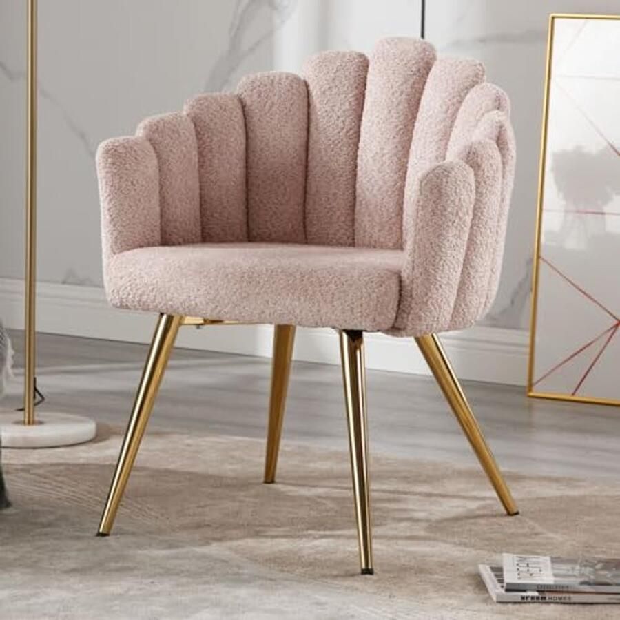 Moderne Zachte Fauteuil van Imitatiebont Gewatteerde Loungestoel met Metalen Poten voor Slaapkamer en Woonkamer Roze Make-upstoel
