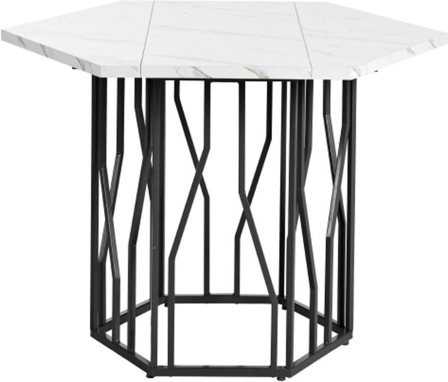GOTAGEE Moderne zeshoekige marmeren eettafel zwart metalen frame eenvoudige esthetische salontafel geschikt voor eetkamer en woonkamer