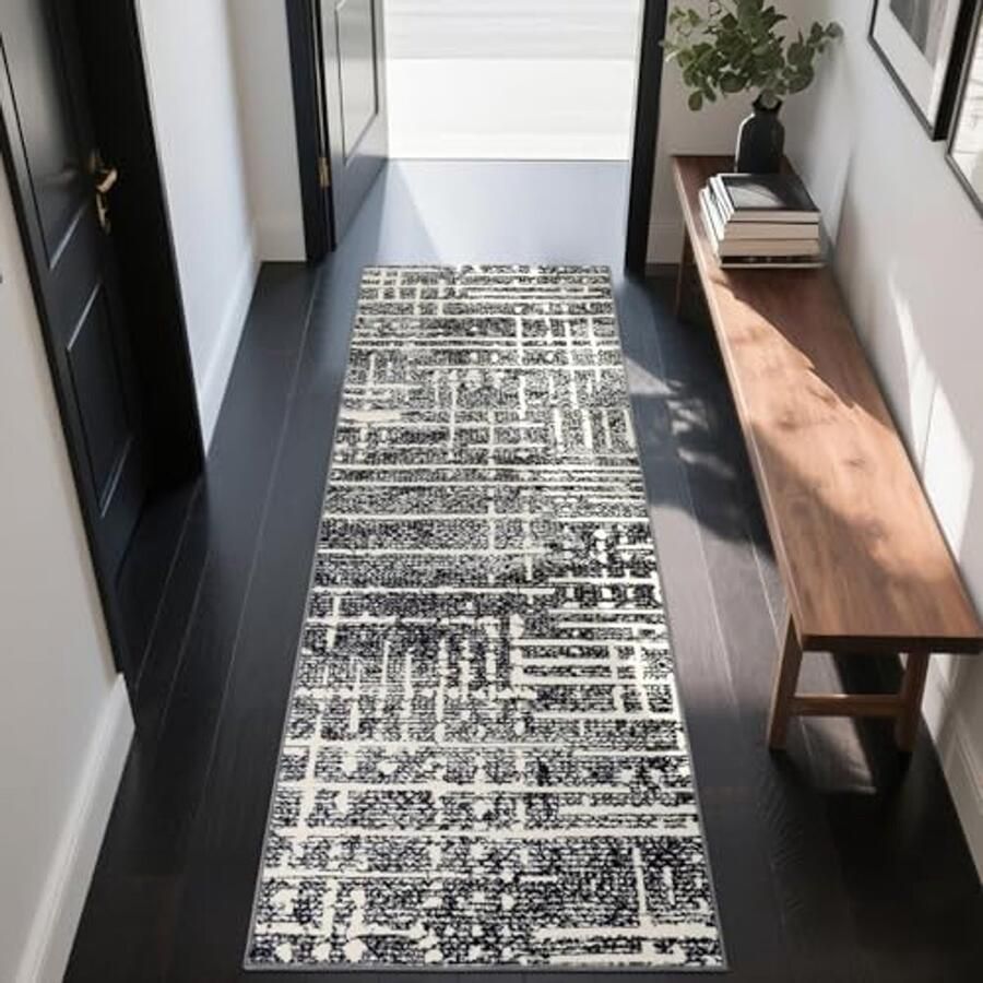 Moderne Zwarte Abstracte Vloerkleed Loper 60x180cm Wasbaar en Antislip voor Hal en Keuken