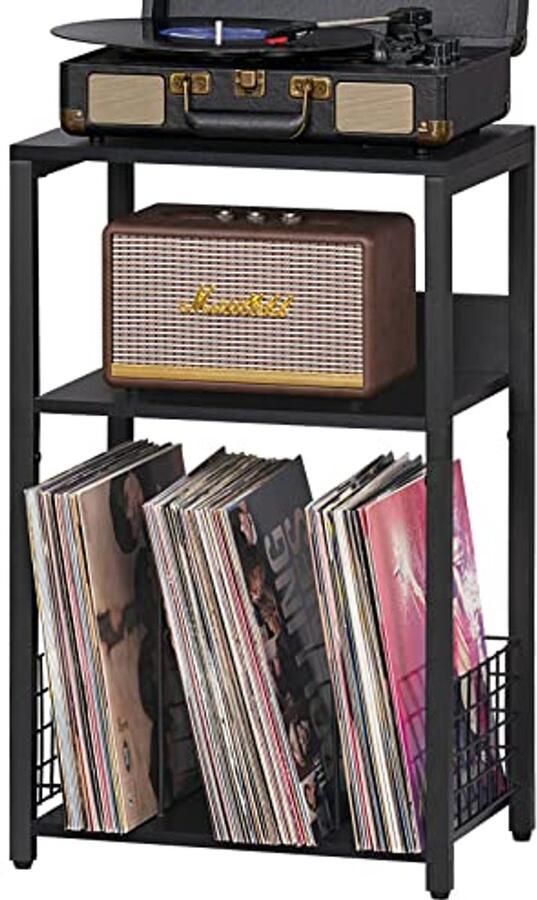 Moderne zwarte bijzettafel met 3 lagen en opbergruimte voor vinylplaten