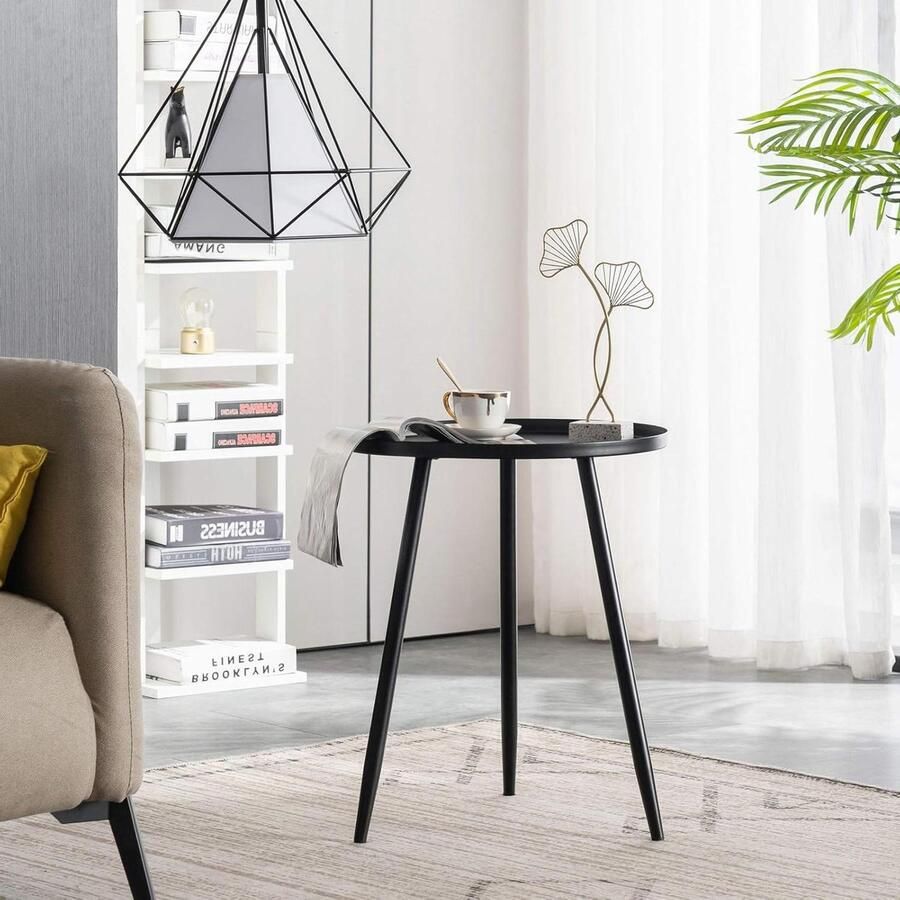 Moderne zwarte bijzettafel metaal woonkamertafel voor kleine banktafel ronde salontafel met stalen buizen driepoot 405 cm diameter x 50 cm