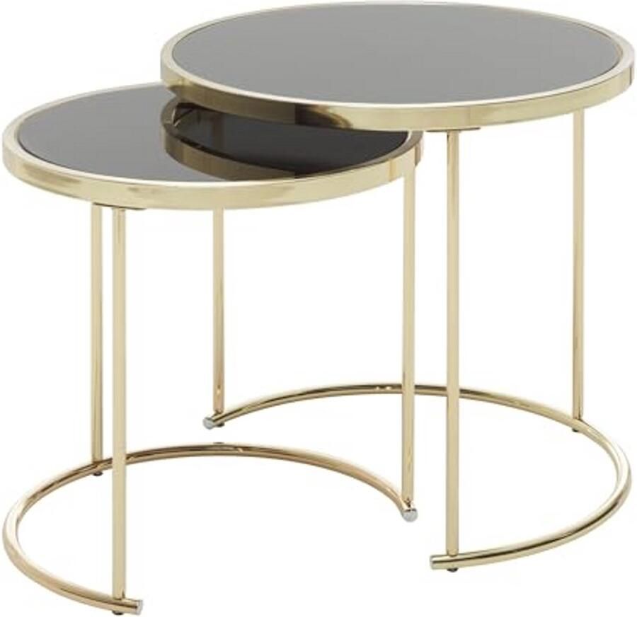 Moderne Zwarte en Gouden Bijzettafel Set van 2 Ronde Glazen Nesttafels voor Woonkamer