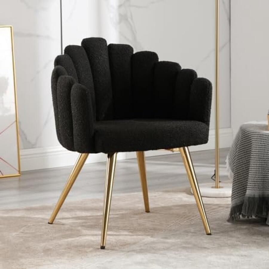 Moderne Zwarte Fauteuil met Kunstbont Bekleding en Metalen Poten Comfortabele Loungestoel voor Woonkamer en Slaapkamer