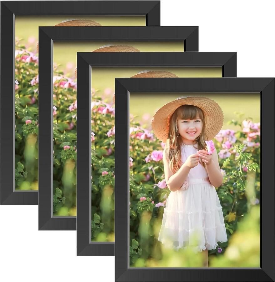 Moderne zwarte fotolijst in A4-formaat met onbreekbaar plexiglas set van 4 voor muren en tafels staand of liggend formaat 21x297 cm