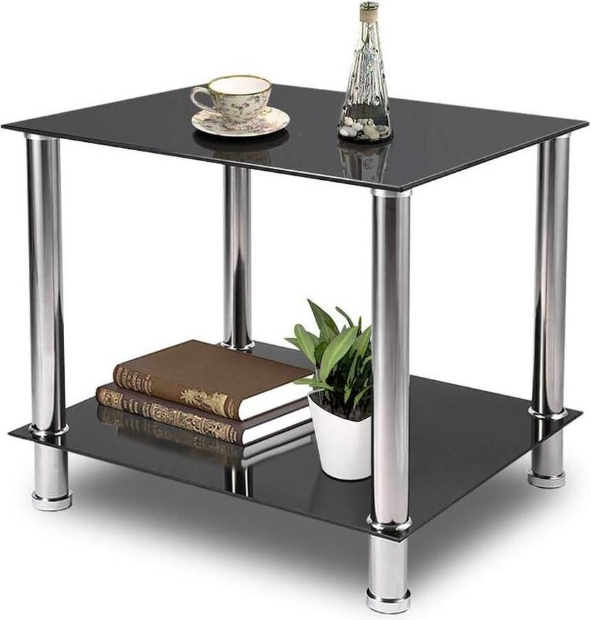 Moderne hoekbank bijzettafel met zwart glas en chromen poten Salontafel bijzettafel 2-laags zwart glazen nesttafels met chromen frame Rechthoekige elegante salontafel met 1949 x 1795 x 1791 inch