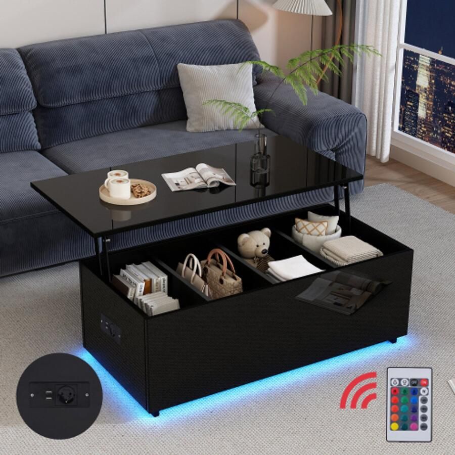 Moderne zwarte hoogglanzende salontafel met LED-verlichting en verborgen opslagruimte-hydraulisch opgeheven bijzettafel 100*50*35 cm laadvermogen 40 kg